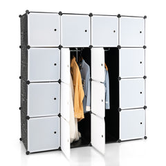 16 Cube Cabinet Storage Organizer with 2 Clothes Hanging Rails -Black & White