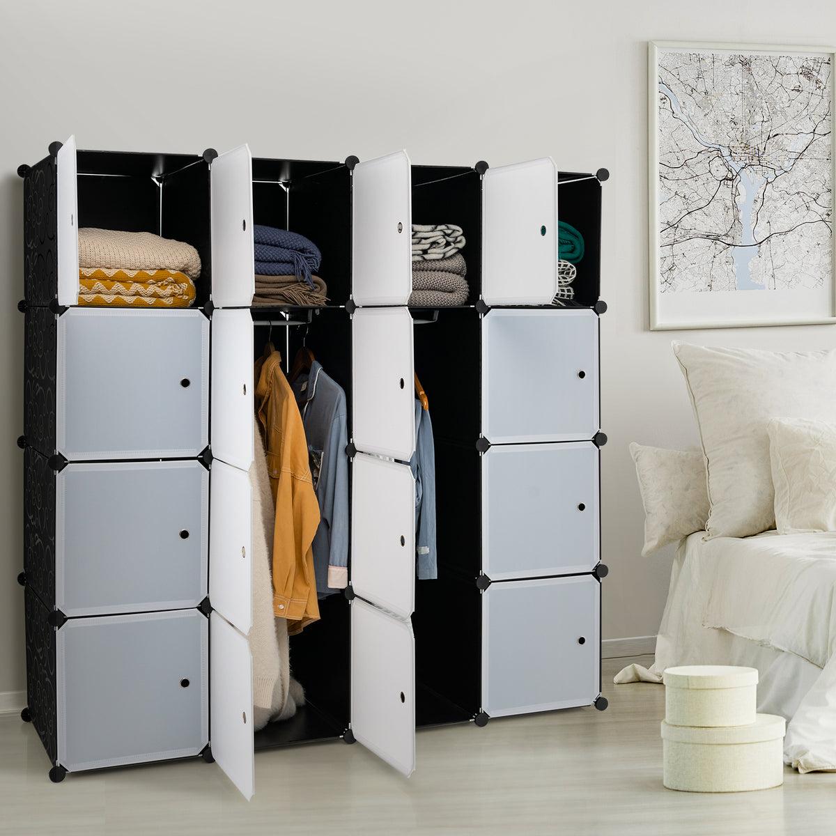 16 Cube Cabinet Storage Organizer with 2 Clothes Hanging Rails -Black & White