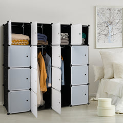 16 Cube Cabinet Storage Organizer with 2 Clothes Hanging Rails -Black & White