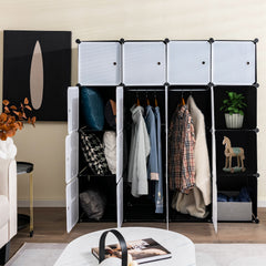 16 Cube Cabinet Storage Organizer with 2 Clothes Hanging Rails -Black & White