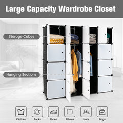 16 Cube Cabinet Storage Organizer with 2 Clothes Hanging Rails -Black & White