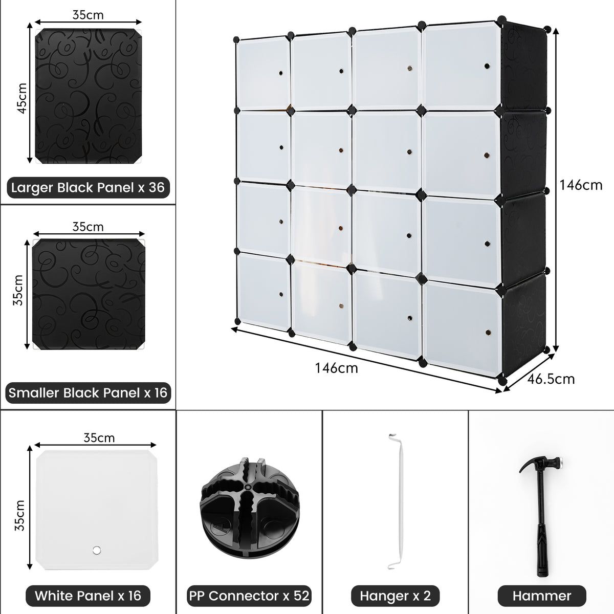 16 Cube Cabinet Storage Organizer with 2 Clothes Hanging Rails -Black & White