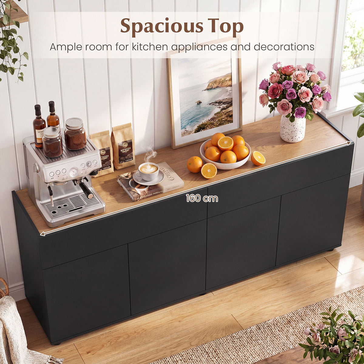 160 cm Buffet Cabinet with Push-to-Open Doors & 2 Drawers for Dining Room-Black