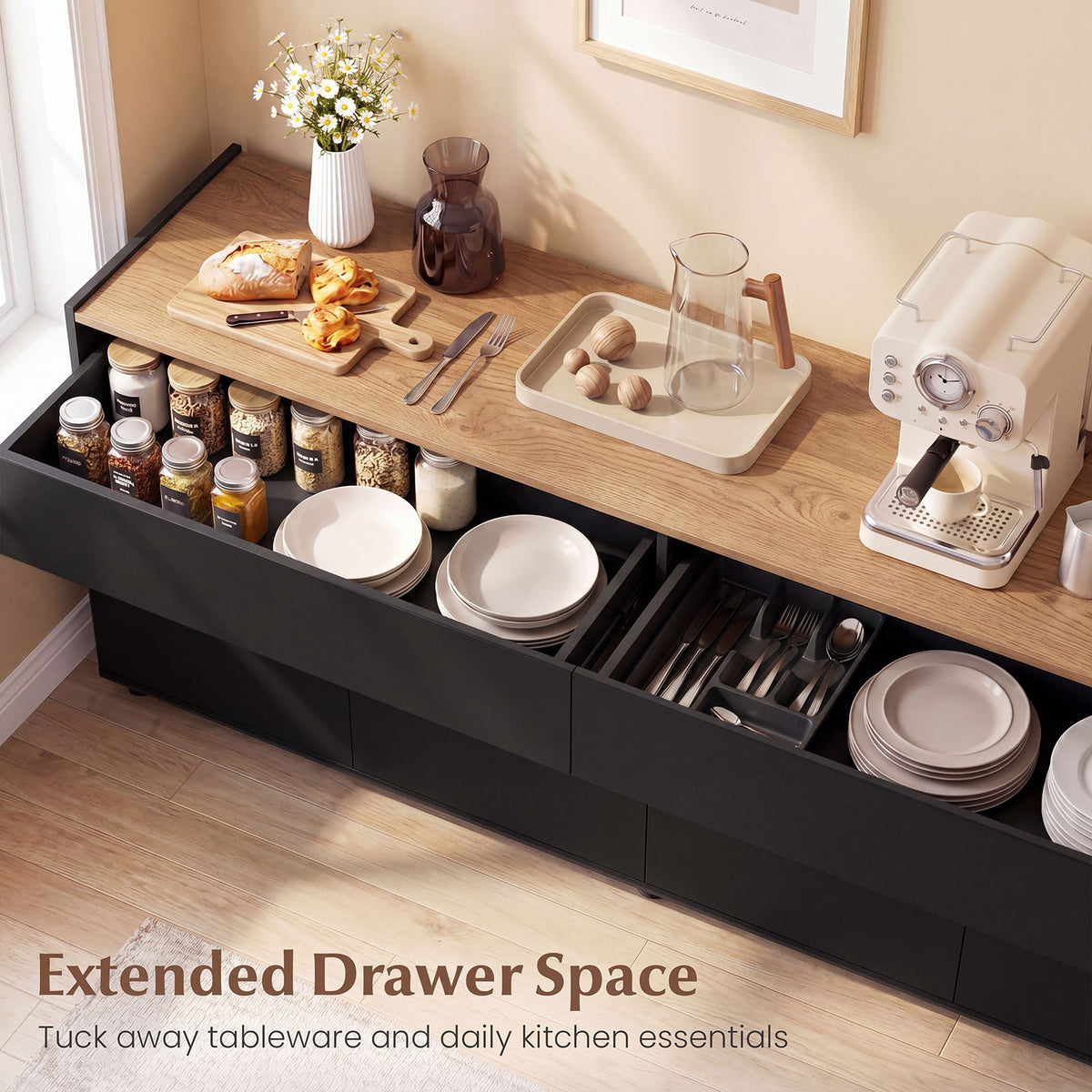160 cm Buffet Cabinet with Push-to-Open Doors & 2 Drawers for Dining Room-Black