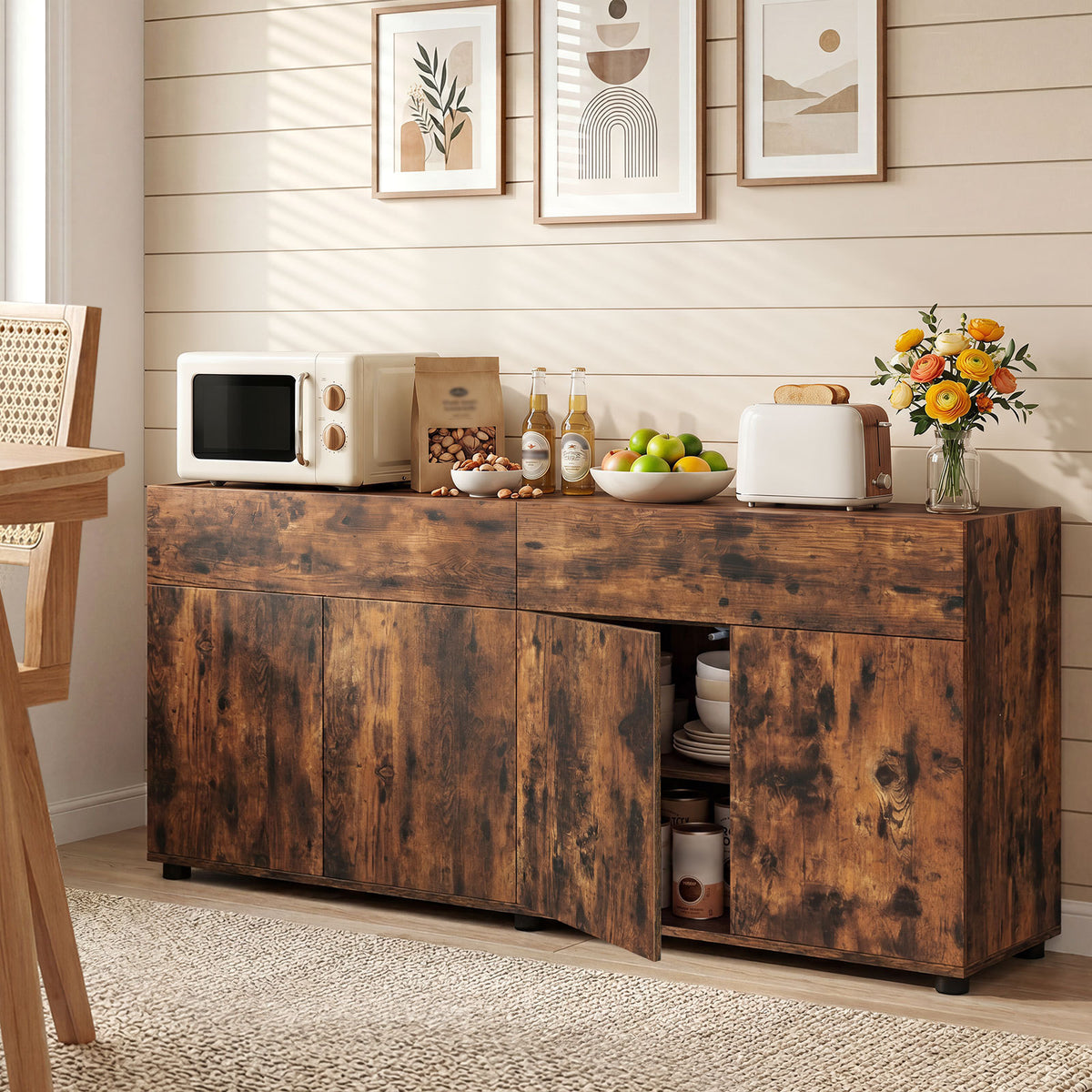 160 cm Buffet Cabinet with Push-to-Open Doors & 2 Drawers for Dining Room-Rustic Brown