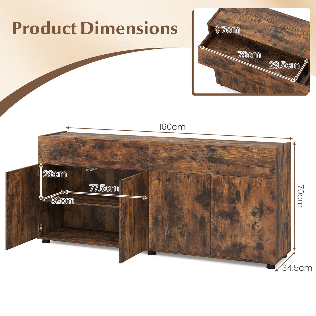 160 cm Buffet Cabinet with Push-to-Open Doors & 2 Drawers for Dining Room-Rustic Brown