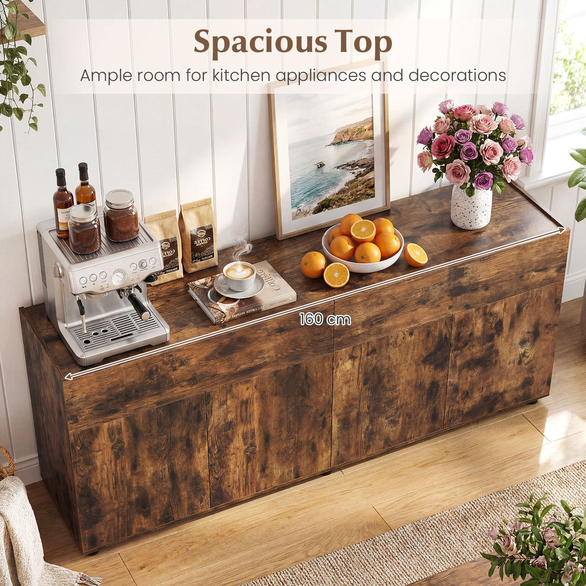 160 cm Buffet Cabinet with Push-to-Open Doors & 2 Drawers for Dining Room-Rustic Brown