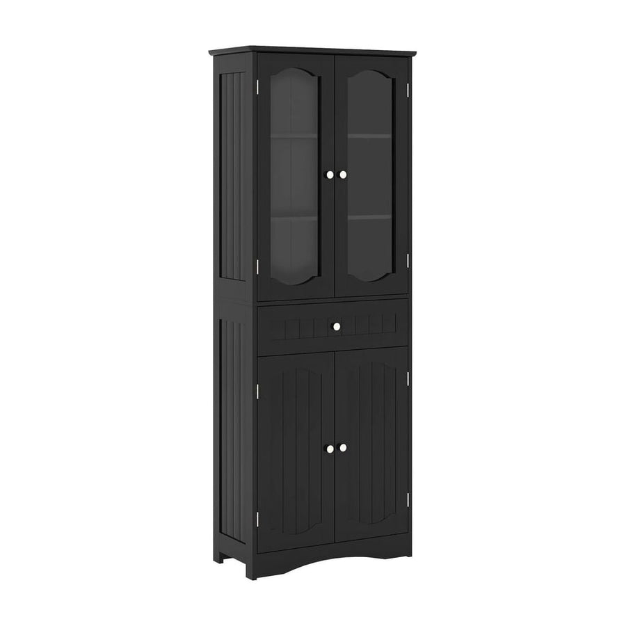 160cm Freestanding Linen Tall Bathroom Storage Cabinet with 2 Glass Doors-Black