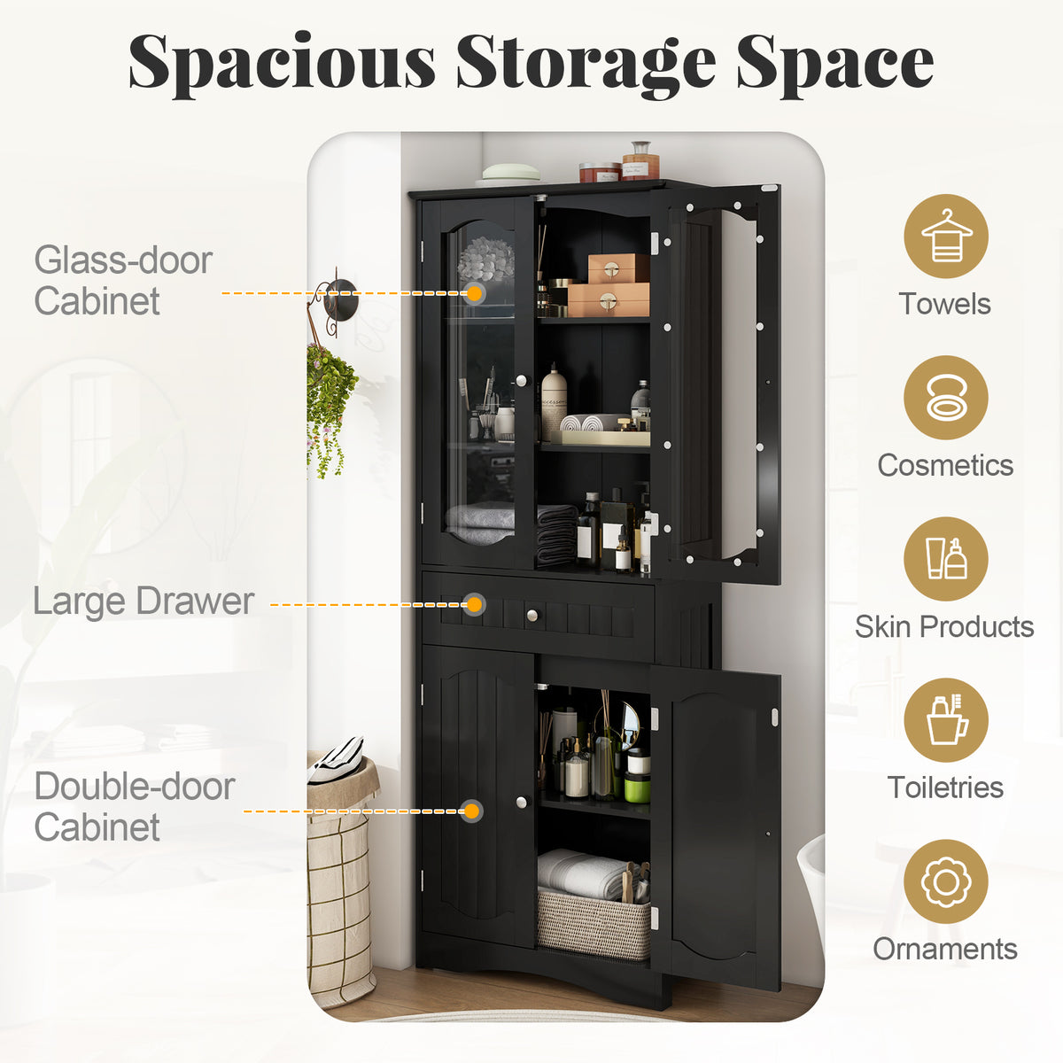 160cm Freestanding Linen Tall Bathroom Storage Cabinet with 2 Glass Doors-Black
