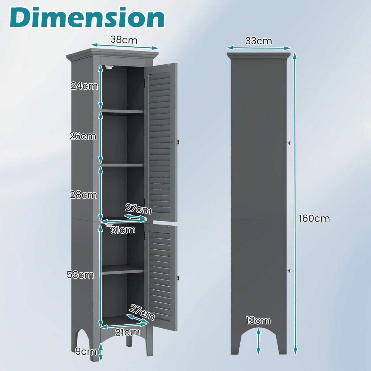 Freestanding Tall Bathroom Floor Cabinet with Adjustable Shelf and 2 Doors-Light Grey