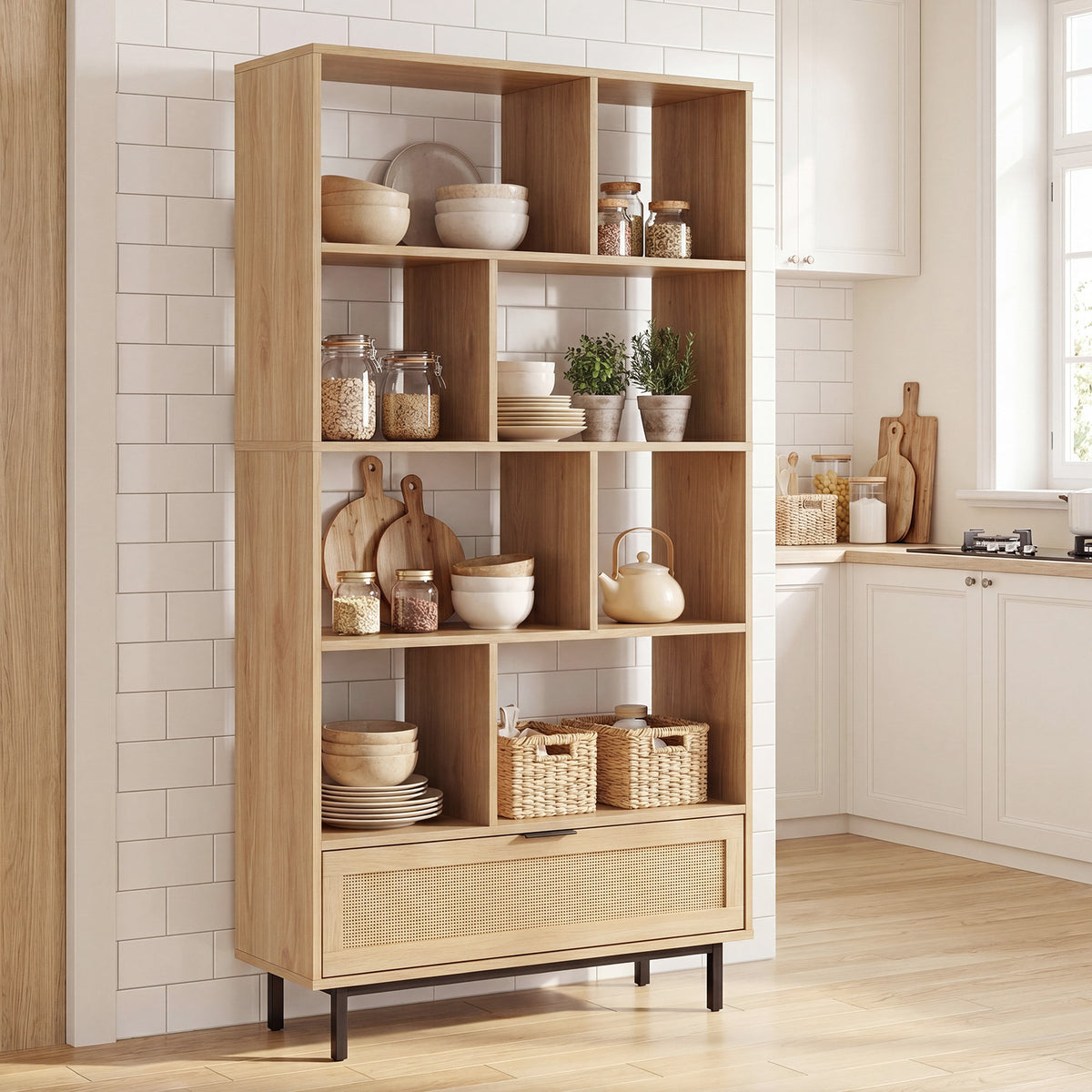 162 cm Tall Wooden Bookcase 6-Tier with 8 Open Cubes Rattan Drawer-Natural
