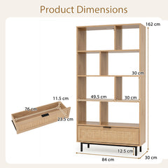 162 cm Tall Wooden Bookcase 6-Tier with 8 Open Cubes Rattan Drawer-Natural