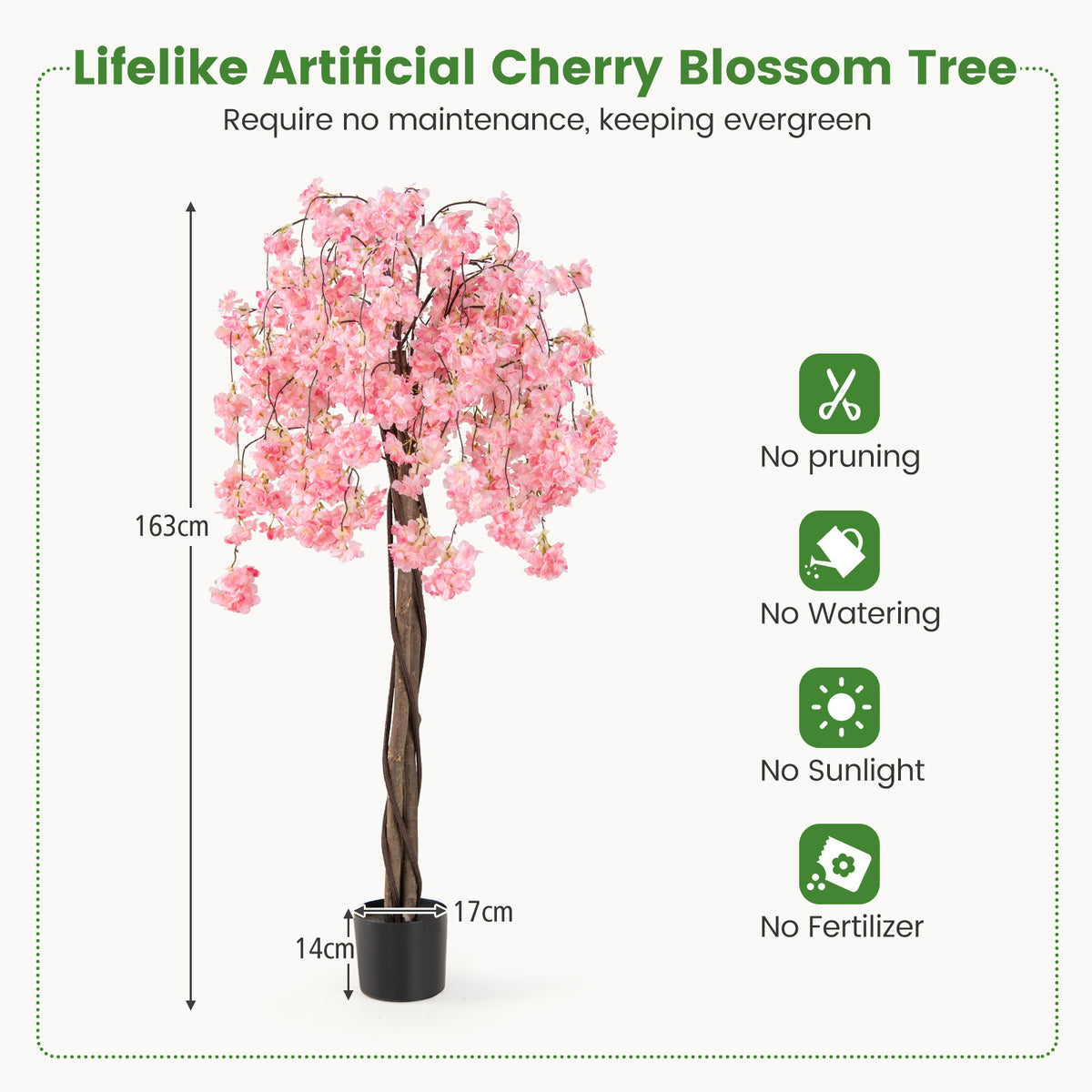 Artificial cherry blossom tree with pink flowers and size diagram