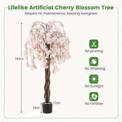 Lifelike artificial cherry blossom tree with size diagram and care instructions