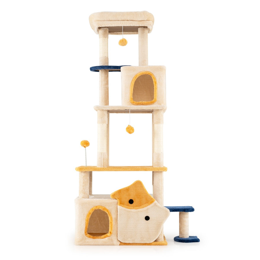 163 cm Large Kitty Tower with 2 Condos and Removable Plush Perch-Yellow