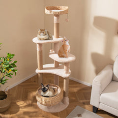 164 cm Cat Tree with Jute Scratching Posts and Dangling Balls-Beige