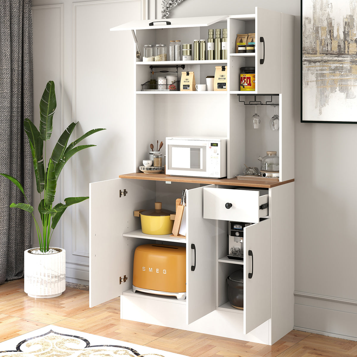 167cm Tall Pantry Cabinet with Hutch and Power Outlets-White