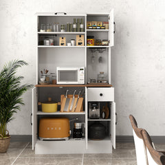 167cm Tall Pantry Cabinet with Hutch and Power Outlets-White