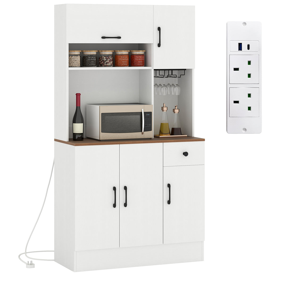 167cm Tall Pantry Cabinet with Hutch and Power Outlets-White