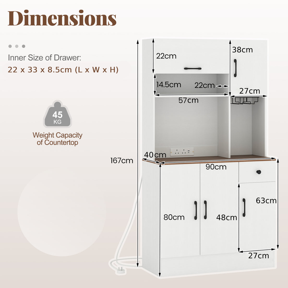 167cm Tall Pantry Cabinet with Hutch and Power Outlets-White