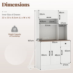167cm Tall Pantry Cabinet with Hutch and Power Outlets-White
