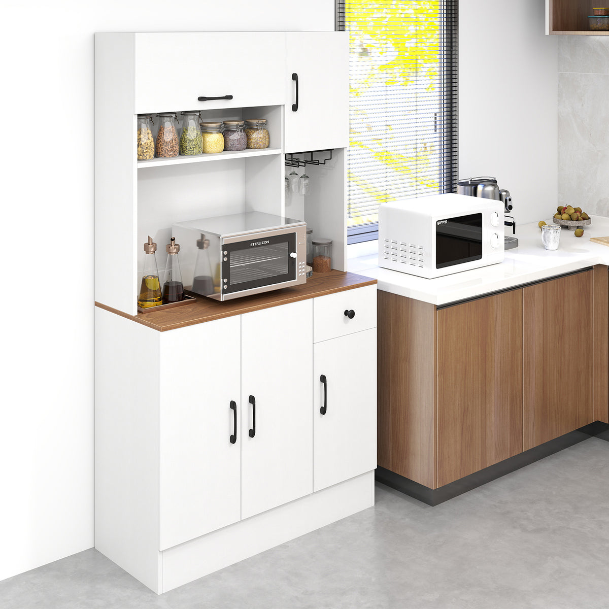 167cm Tall Pantry Cabinet with Hutch and Power Outlets-White