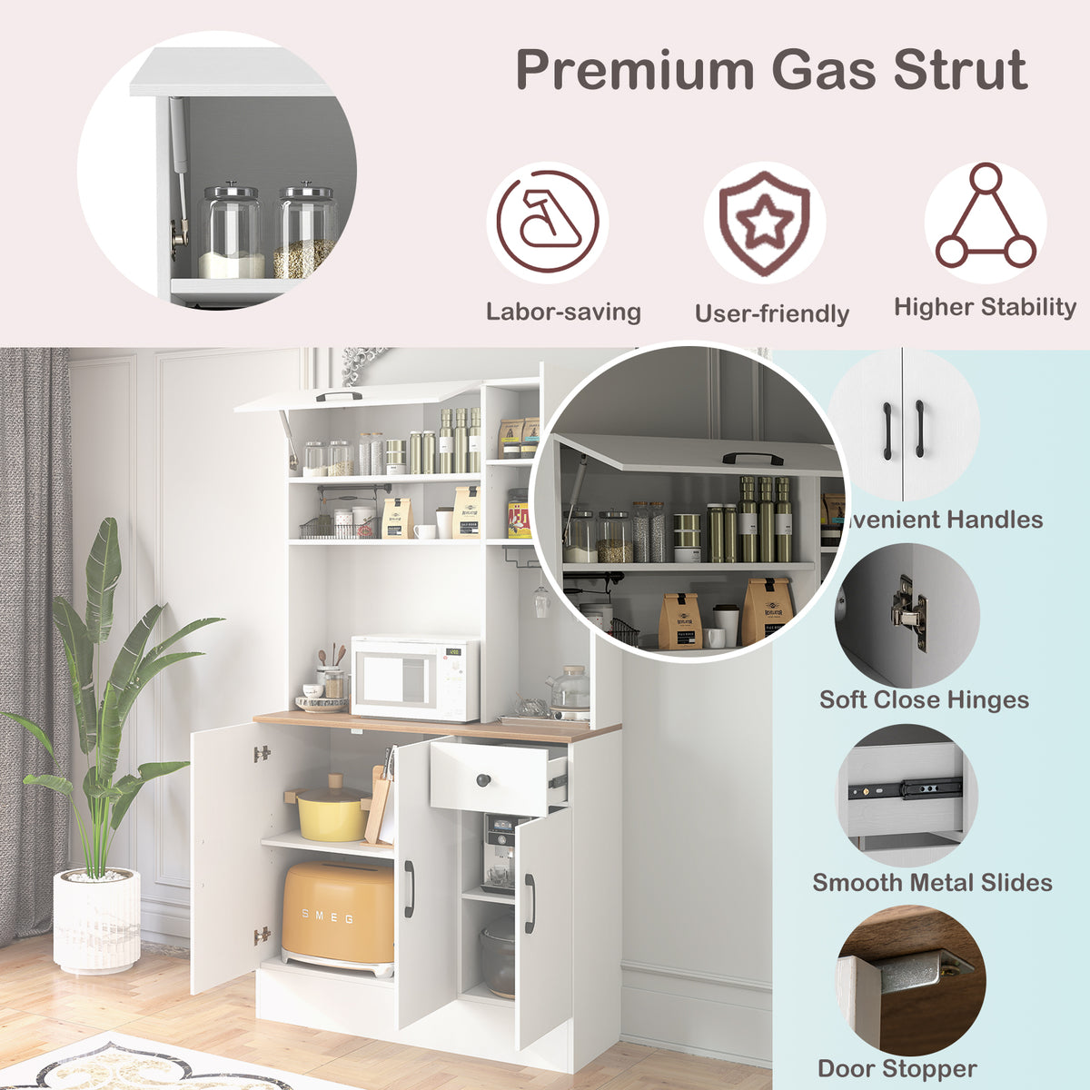 167cm Tall Pantry Cabinet with Hutch and Power Outlets-White