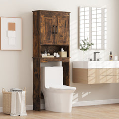 Rustic brown over the toilet storage cabinet in a bathroom setting