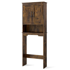 Back view of the rustic brown over the toilet storage cabinet