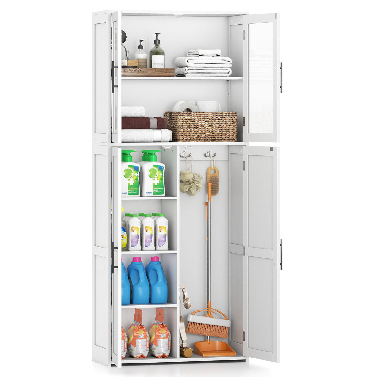 168CM Tall Freestanding Cleaning Tool Cabinet with Doors and Shelves-White