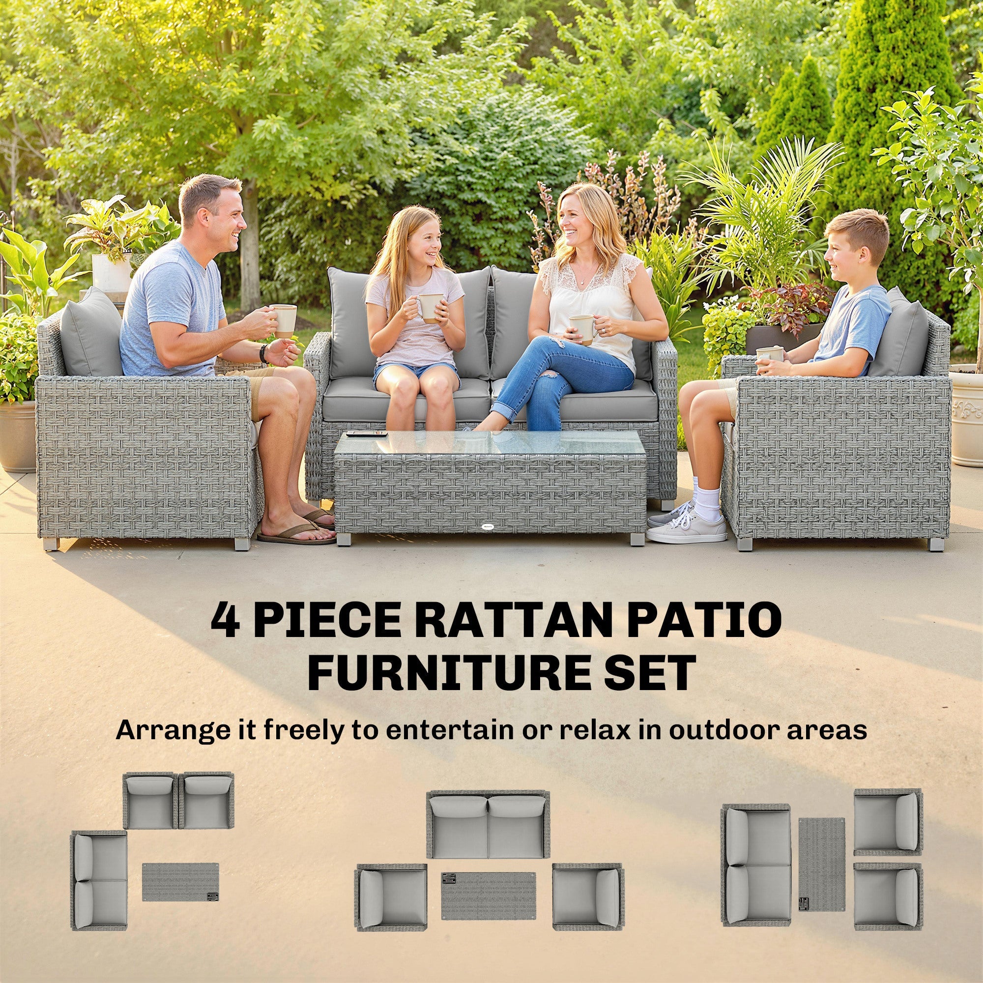 Outsunny 4 Piece Rattan Garden Furniture Set with Loveseat, 2 Armchairs, Glass-Top Table, Wicker Patio Conversation Set, Grey