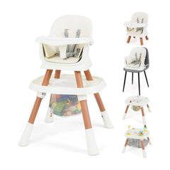 16-in-1 Convertible Baby High Chair in white with wooden effect legs and a large white tray