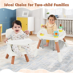 Two babies sitting in the white convertible high chair and a smaller table in a nursery