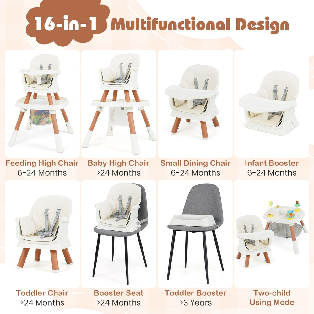 Collage showing the 16-in-1 Convertible Baby High Chair in various configurations for different ages