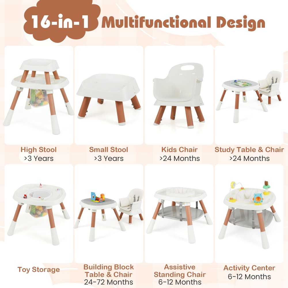 Collage showing the convertible high chair as a stool, chair, and table set