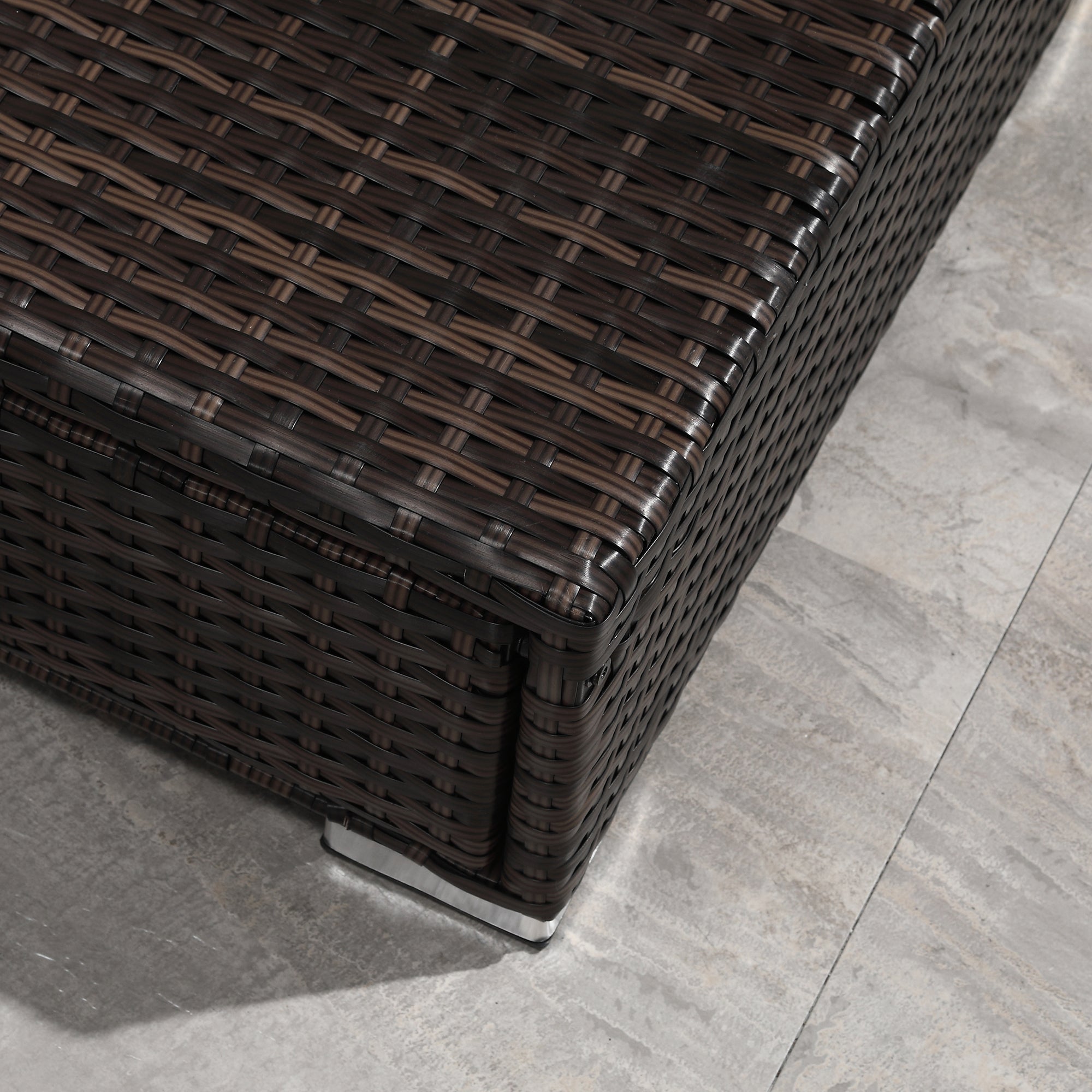 Outsunny 3 Pieces Rattan Garden Furniture Sofa Set, 4 Seater Garden Corner Sofa with 5-Level Reclining Sun Lounger and Storage Coffee Table, Outdoor Furniture Conservatory Set with Cushions, Brown