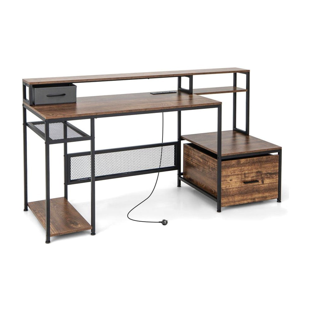 170 CM Computer Desk with monitor stand and file drawer in rustic brown