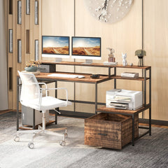 The rustic brown computer desk with a white office chair and a printer