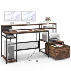 The computer desk with a monitor stand, file drawer and storage shelves