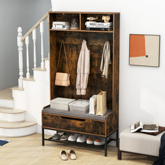 4-in-1 Coat Rack with Seat Cushion and Open Compartments-Rustic Brown