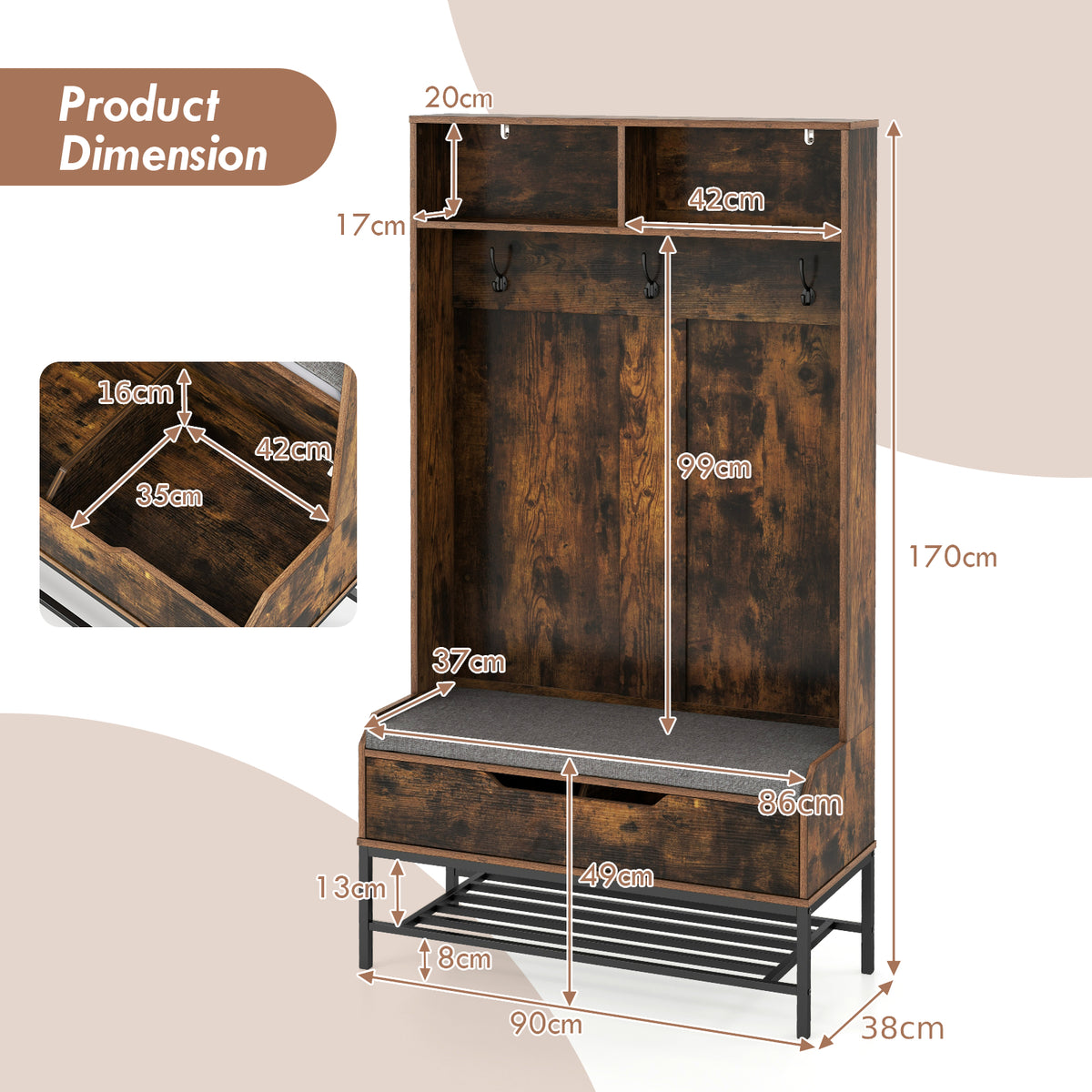 4-in-1 Coat Rack with Seat Cushion and Open Compartments-Rustic Brown