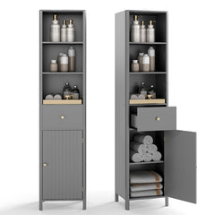 170cm Tall Bathroom Cabinet with Fluted Door and 1 Drawer 3 Open Shelves-Grey