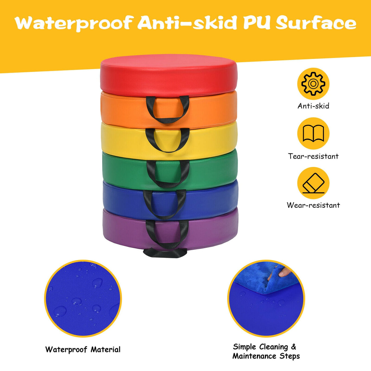 6PCS Kids Foam Seat Floor Cushions Colorful Flexible Mat with Handle