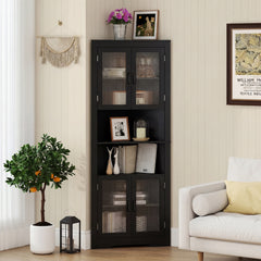 171cm Tall Space-saving Corner Cabinet with 4 Tempered Glass Doors and Adjustable Shelves-Black