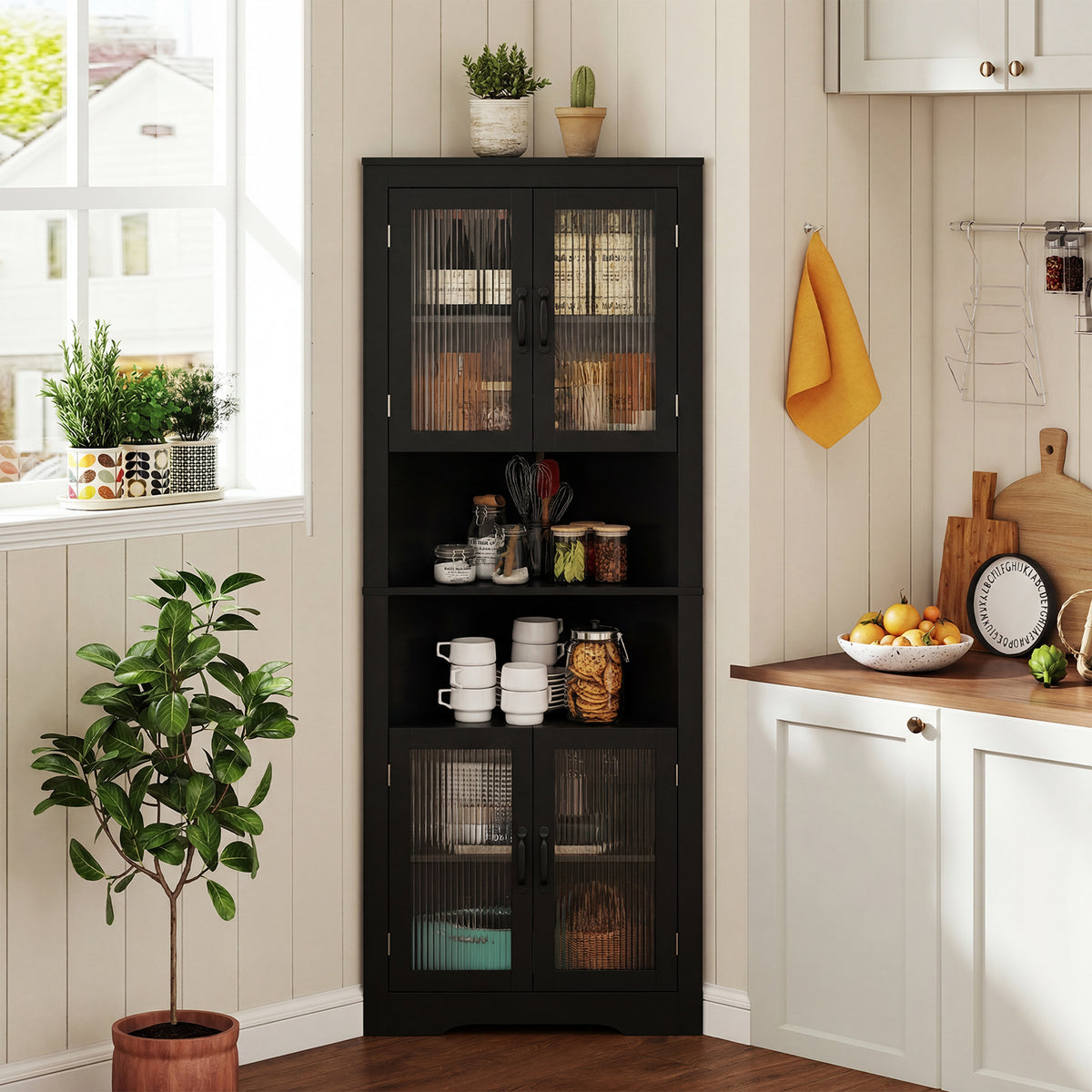 171cm Tall Space-saving Corner Cabinet with 4 Tempered Glass Doors and Adjustable Shelves-Black