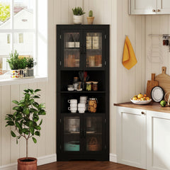 171cm Tall Space-saving Corner Cabinet with 4 Tempered Glass Doors and Adjustable Shelves-Black