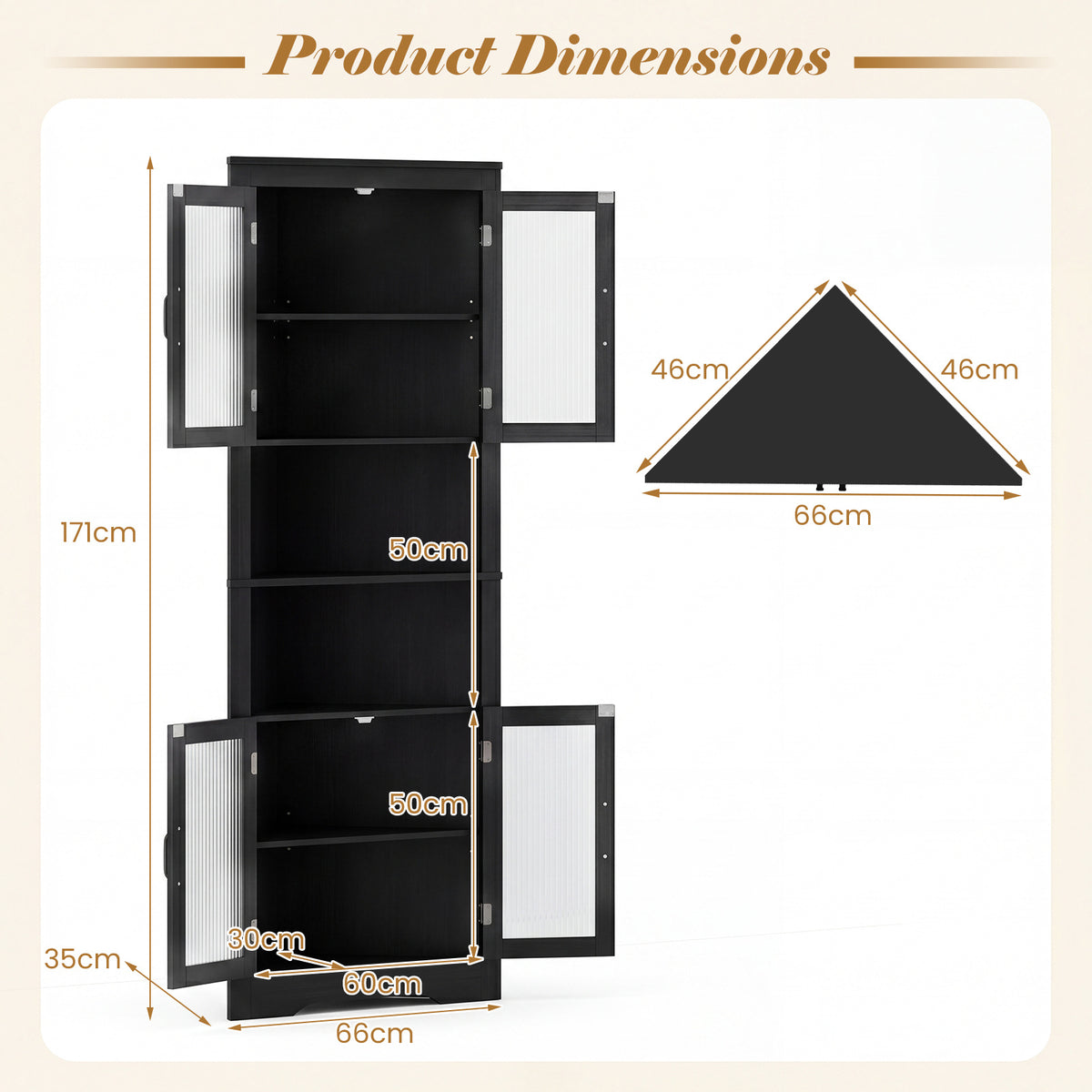 171cm Tall Space-saving Corner Cabinet with 4 Tempered Glass Doors and Adjustable Shelves-Black