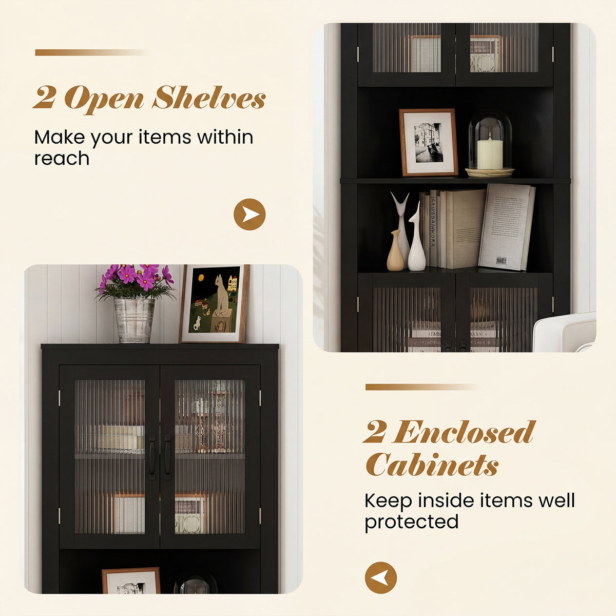 171cm Tall Space-saving Corner Cabinet with 4 Tempered Glass Doors and Adjustable Shelves-Black