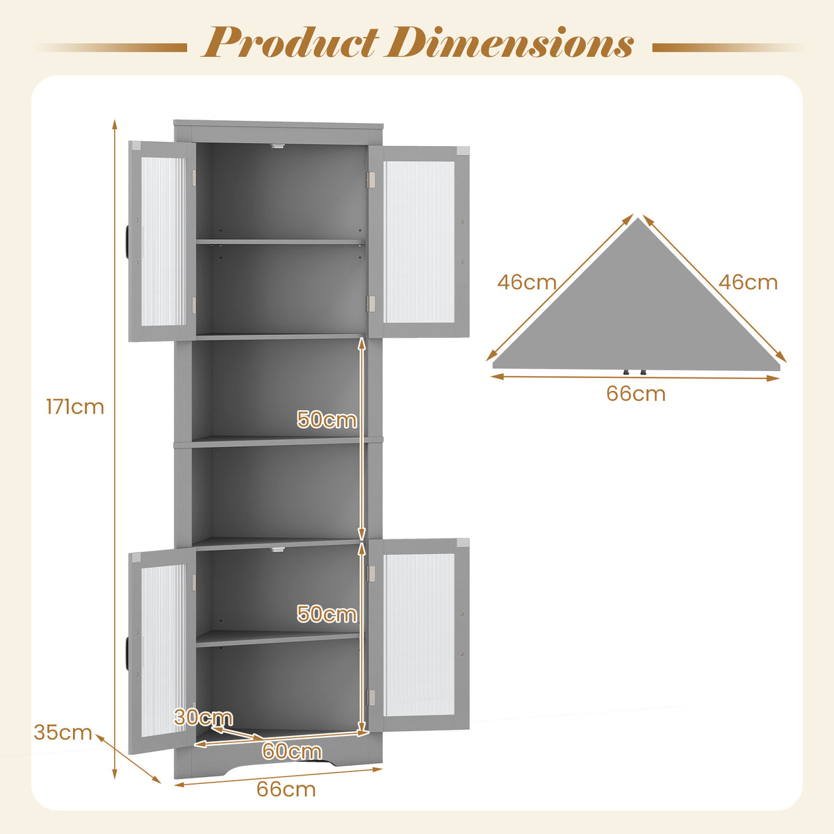 171cm Tall Space-saving Corner Cabinet with 4 Tempered Glass Doors and Adjustable Shelves-Grey