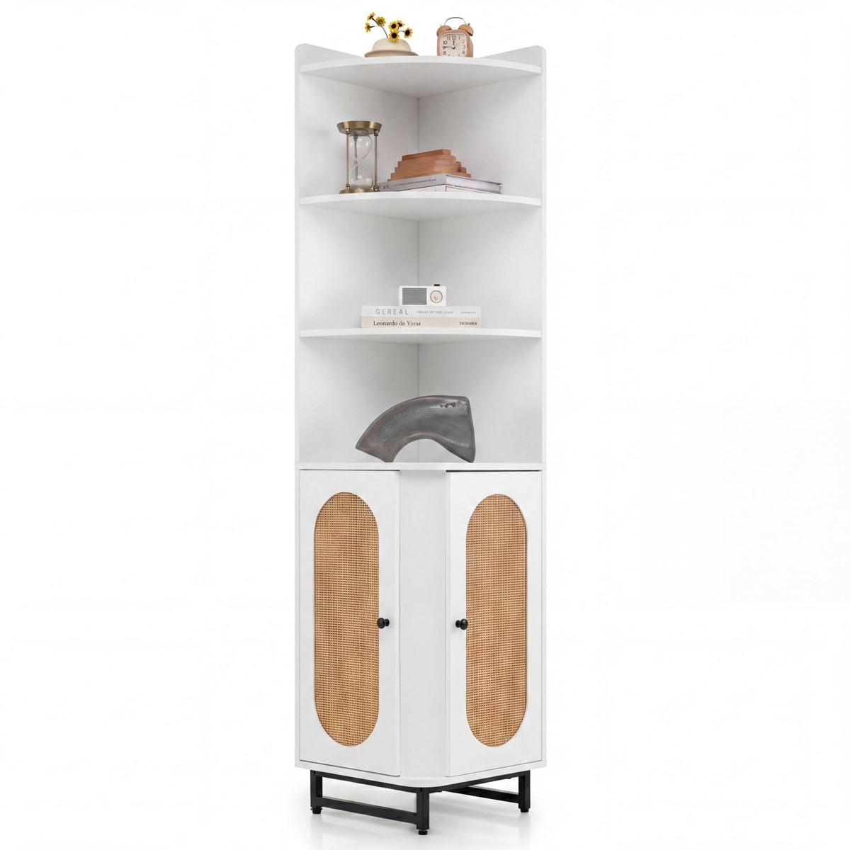 172 cm Tall PE Rattan Corner Cabinet with 2 Doors and 4 Open Shelves-White